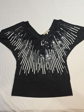 Women's Black Sequin V-Neck Top - Sparkling Evening Tee Y2K, glam, party, Club